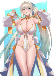 1girl absurdres bare_shoulders blue_eyes blue_hair braid breasts cleavage detached_sleeves fate/grand_order fate_(series) gold_trim hair_ribbon highres jewelry kurozawa_yui large_breasts long_hair long_sleeves looking_at_viewer morgan_le_fay_(fate) morgan_le_fay_(water_princess)_(fate) nail_polish one-piece_swimsuit open_mouth ponytail puffy_long_sleeves puffy_sleeves ribbon sidelocks solo swimsuit thighlet thighs very_long_hair white_hair white_one-piece_swimsuit