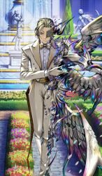 Rule 34 | 1boy, blonde hair, bow, bowtie, brown jacket, brown pants, brown suit, butler bowing, buttons, closed mouth, commentary request, crossed ankles, cummerbund, dress pants, dress shirt, fate/grand order, fate (series), feathered wings, feet out of frame, formal clothes, game cg, green eyes, half mask, jacket, lapels, long sleeves, looking at viewer, male focus, mask, multiple wings, mysterious mask (fate), official art, outdoors, pants, peaked lapels, pfalz, shirt, smile, solo, split theme, suit, suit jacket, tailcoat, third-party source, traditional bowtie, white shirt, wings, wolfgang amadeus mozart (fate), wolfgang amadeus mozart (fgo fes. 2025) (fate), yellow bow, yellow bowtie