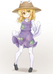 1girl :d animal_print black_shoes blonde_hair brown_hat female_focus frog_print full_body gradient_background grey_background grin hair_ribbon hat highres legs_apart loafers long_sleeves looking_at_viewer medium_hair moriya_suwako open_mouth purple_vest ribbon shirt shoes sidelocks sleeves_past_fingers sleeves_past_wrists smile solo standing tareme tarumaru teeth thighhighs touhou vest white_shirt white_thighhighs wide_sleeves