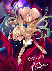 Rule 34 | 1girl, aoi nagisa (metalder), arm up, ass, back, bare back, bare shoulders, blonde hair, blush, bow, braid, dark-skinned female, dark skin, elbow gloves, gloves, hair bow, highres, holding, holding wand, huge ass, leotard, light blush, long hair, looking at viewer, looking up, magical girl, nail polish, original, purple eyes, sandals, smile, solo, tentacles, thong leotard, tiara, toes, wand