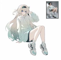 2girls aqua_hair black_hairband black_shorts firefly_(honkai:_star_rail) full_body gradient_hair grey_hair hairband hand_up highres honkai:_star_rail honkai_(series) invisible_chair jacket long_hair long_sleeves multicolored_hair multiple_girls official_alternate_costume real_life_insert rio_(rio773) shoes shorts simple_background sitting socks white_background white_jacket white_shoes white_socks