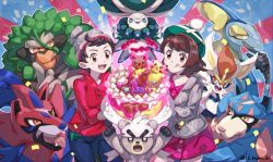 1boy 1girl :d bad_id bad_pixiv_id beanie bob_cut brown_eyes brown_hair buttons cable_knit cake calyrex cardigan cinderace collared_dress commentary_request dress eevee food gen_1_pokemon gen_8_pokemon gloria_(pokemon) green_headwear grey_cardigan grey_headwear hat highres holding holding_tray hood hooded_cardigan inteleon komame_(st_beans) legendary_pokemon nintendo open_mouth pikachu pink_dress plaid pokemon pokemon_(creature) pokemon_swsh red_shirt rillaboom shirt short_hair sleeves_rolled_up smile tam_o&#039;_shanter tongue tray urshifu victor_(pokemon) zacian zacian_(hero) zamazenta zamazenta_(hero)