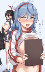 2girls absurdres ako_(blue_archive) ako_(track)_(blue_archive) black_hair black_wings blue_archive blue_background blue_eyes blue_hair blush breasts breasts_out clipboard clothes_lift commentary_request covering_breasts covering_privates embarrassed gradient_background gym_uniform hair_between_eyes hairband halo hasumi_(blue_archive) hasumi_(track)_(blue_archive) highres holding holding_clipboard jacket kiritto large_breasts oversized_wings long_hair looking_at_viewer multiple_girls navel official_alternate_costume open_mouth revision shirt_lift shoes sneakers socks track_jacket translated wings