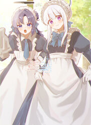 2girls :o absurdres alternate_costume alternate_hairstyle apron artist_name black_dress black_halo blue_archive blue_bow blue_bowtie blue_eyes blue_necktie blunt_bangs blush bow bowtie closed_mouth commentary_request day dress enmaided feet_out_of_frame frilled_apron frills hair_bow hair_bun halo highres juliet_sleeves kuritiizu long_dress long_hair long_sleeves looking_at_viewer maid maid_apron maid_headdress mechanical_halo multiple_girls necktie noa_(blue_archive) open_mouth outdoors outline puffy_sleeves purple_eyes purple_hair single_hair_bun single_side_bun skirt_hold smile standing v-shaped_eyebrows white_apron white_hair white_outline yuuka_(blue_archive)
