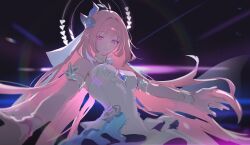 Rule 34 | 1girl, absurdres, bare shoulders, breasts, bridal veil, commentary request, cyrene (honkai: star rail), diamond-shaped pupils, diamond (shape), dress, flower, hair flower, hair ornament, halo, highres, honkai: star rail, honkai (series), korean commentary, large breasts, long hair, looking at viewer, pink hair, pointy ears, purple eyes, ryugisa, smile, solo, symbol-shaped pupils, veil, very long hair, white dress, white veil