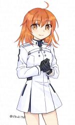 1girl 37kuki770 ahoge artist_name black_gloves breasts chaldea_uniform commentary_request cowboy_shot dress fate/grand_order fate_(series) fujimaru_ritsuka_(female) gloves long_sleeves looking_at_viewer medium_hair orange_eyes orange_hair own_hands_together short_dress simple_background smile solo thighs twitter_username white_background white_dress