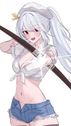 1girl blue_shorts bow_(weapon) breasts cleavage collared_shirt commentary_request commission cowboy_shot crop_top cutoffs denim denim_shorts fang front-tie_top hat highres holding holding_bow_(weapon) holding_weapon korean_commentary long_hair looking_at_viewer medium_breasts midriff navel open_fly open_mouth original ponytail ppabagi red_eyes shirt short_shorts short_sleeves shorts simple_background smile solo stomach weapon white_background white_hair white_hat white_shirt
