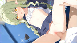 1boy 1girl black_jacket blue_archive blue_skirt clothes_lift commentary_request flat_chest foulo_paints green_hair hetero highres hikari_(blue_archive) jacket large_variant_set loli long_hair navel no_panties open_clothes open_jacket open_mouth paid_reward_available penis pointy_ears pussy sex shirt shirt_lift skirt skirt_lift socks solo_focus spread_legs vaginal variant_set white_shirt white_socks yellow_eyes