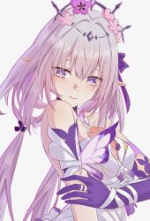 1girl absurdres black_tiara breasts castorice_(honkai:_star_rail) chinese_commentary commentary_request dress flower from_side gloves hair_flower hair_ornament highres honkai:_star_rail honkai_(series) li_shijin long_hair medium_breasts pointy_ears purple_eyes purple_gloves purple_hair simple_background solo tiara upper_body white_background white_dress