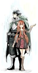 1boy 1girl :o animal_ear_fluff animal_ears arm_shield armor belt black_belt black_boots black_dress black_hair black_pants black_shirt blush boots breastplate breasts brown_boots brown_hair brown_shirt child cloak closed_mouth collared_shirt commentary_request dress elbow_gloves facing_down full_body fur-trimmed_boots fur-trimmed_cloak fur-trimmed_gloves fur_trim gloves green_cloak green_eyes grey_dress hand_up high_collar iwatani_naofumi knee_boots knife knife_sheath layered_dress long_hair long_sleeves looking_down messy_hair metal_hair_tubes metal_wrist_cuffs momojiri2002 open_mouth pants protecting raccoon_ears raccoon_girl raccoon_tail rain raphtalia red_dress red_eyes sheath sheathed shirt short_dress short_hair short_sleeves simple_background small_breasts tail tate_no_yuusha_no_nariagari two-tone_dress variant_set wet wet_hair white_background