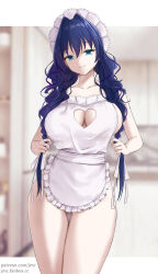 1girl alternate_costume apron bare_arms bilingual_commentary blue_eyes blue_hair blurry blurry_background braid breasts choppy_bangs cleavage cleavage_cutout clothing_cutout collarbone commentary cowboy_shot frilled_apron frills gluteal_fold hair_intakes hat heart_cutout highres holding holding_own_hair hololive hololive_english joko_jmc large_breasts letterboxed light_smile long_hair looking_at_viewer low_twin_braids maid maid_apron mixed-language_commentary mob_cap naked_apron official_alternate_hairstyle ouro_kronii ouro_kronii_(maid) patreon_username solo thighs twin_braids virtual_youtuber white_apron