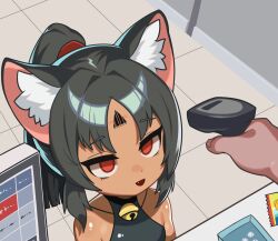 1girl animal_ear_fluff animal_ears barcode barcode_scanner bare_shoulders bell black_hair cat_ears cat_girl dark-skinned_female dark_skin empty_eyes facial_mark fang fang_out forehead_mark highres holding holding_barcode_scanner jingle_bell neck_bell nekomiya_mana parted_bangs ponytail red_eyes sakake zenless_zone_zero