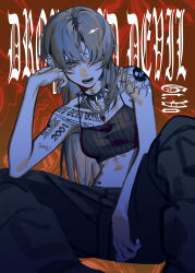 1girl alternate_color annoyed black_pants brown_eyes collar crop_top earrings english_text eyebrow_piercing face_piercing grey_hair hair_over_one_eye highres jewelry kouhiipan long_hair necklace open_mouth original pants piercing red_background scar shoulder_tattoo skull_necklace spiked_collar spikes stomach_tattoo stud_earrings tank_top tattoo