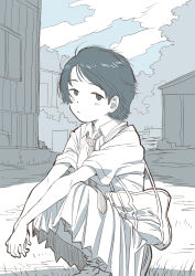 1girl absurdres bag blush cloud greyscale highres megusuri_(oyasirazumonai) monochrome original outdoors school_bag school_uniform short_hair skirt sky solo sweat