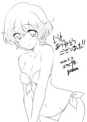 1girl akaboshi_koume artist_name bare_shoulders bikini blush breasts cleavage closed_mouth comiket_98 commentary dated dutch_angle front-tie_bikini_top front-tie_top girls_und_panzer greyscale groin highres kuzuryuu_kennosuke leaning_forward looking_at_viewer medium_breasts monochrome navel short_hair side-tie_bikini_bottom signature skindentation smile solo standing strapless strapless_bikini swimsuit thank_you translated v_arms wavy_hair