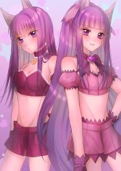2girls animal_ears bandeau bare_shoulders blush bow breasts choker cleavage closed_mouth collarbone fujiwara_zakuro gloves highres long_hair looking_at_viewer medium_breasts mew_zakuro multiple_girls navel parted_lips purple_bandeau purple_bow purple_choker purple_eyes purple_hair purple_shorts purple_tube_top shorts smile stomach strapless tokyo_mew_mew tube_top wolf_ears wolf_girl yanluicarolchi1