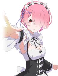 1girl black_sleeves bob_cut breasts cleavage clenched_hand closed_mouth detached_sleeves hair_ornament hair_over_one_eye hair_ribbon light_blush long_sleeves looking_ahead maid maid_headdress official_art outstretched_arm outstretched_hand pink_hair purple_ribbon ram_(re:zero) re:zero_kara_hajimeru_isekai_seikatsu re:zero_kara_hajimeru_isekai_seikatsu_witch&#039;s_re:surrection red_eyes ribbon roswaal_mansion_maid_uniform serious short_hair simple_background small_breasts solo transparent_background x_hair_ornament