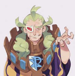 1boy ahoge commentary ghetsis_(pokemon) green_hair grin hand_up highres logo long_hair looking_at_viewer lynn_(daisiloou) male_focus nintendo pokemon pokemon_bw red_eyes simple_background smile solo team_plasma teeth upper_body white-framed_eyewear white_background wrinkled_skin
