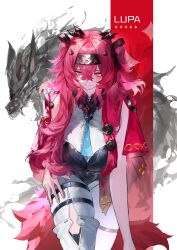 1girl absurdres armor bodysuit breastplate breasts character_name commentary cowboy_shot hair_between_eyes hair_ornament hairband highres large_breasts leaning_forward lewdlily66 long_hair looking_at_viewer lupa_(wuthering_waves) metal_hairband parted_lips pink_hair smile solo tail white_bodysuit wolf_tail wuthering_waves yellow_eyes