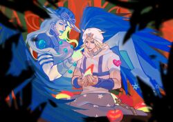 2boys apple aqua_lips beanie beard bird_wings blonde_hair blue_eyes blue_hat blue_wings commentary english_commentary facial_hair feathers food fruit goggles goggles_on_headwear grey_pants gyro_zeppeli hat heart_ornament highres hood hood_down hoodie horseshoe_hat_ornament horseshoe_ornament jiuyuejiuriyi johnny_joestar jojo_no_kimyou_na_bouken long_hair makeup male_focus medium_hair multiple_boys pants pointing pointing_at_another spurs star_(symbol) star_print steel_ball_run white_hat white_hoodie wings wristband yaoi