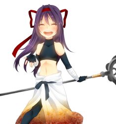 Rule 34 | 1girl, adapted costume, black gloves, black pantyhose, black sports bra, blush, closed eyes, commentary request, cowboy shot, elbow gloves, fingerless gloves, gloves, hair intakes, hair ribbon, hairband, hand up, holding, holding staff, long hair, meiko (nattu303), midriff, navel, open mouth, pantyhose, purple hair, ragnarok online, red hairband, red ribbon, ribbon, simple background, skirt, smile, solo, sports bra, staff, sura (ragnarok online), teeth, upper teeth only, white background, white skirt