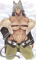 abs bandeau belt choker dark-skinned_female dark_skin eyepatch facial_scar fur-trimmed_jacket fur_trim ghislaine_dedoldia green_pants highleg highleg_panties highres jacket kuma_(jk0073) muscular muscular_female mushoku_tensei obliques one-eyed open_belt open_pants panties pants red_bandeau red_choker scar scar_on_cheek scar_on_face scar_on_stomach tail tail_ornament tail_ring underwear