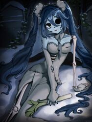 artist_name bare_shoulders black_eyes black_nails blue_hair blue_skin closed_mouth colored_skin corpse_bride cosplay detached_collar dress emily_(corpse_bride) grey_dress hair_between_eyes hair_ornament hatsune_miku hatsune_miku_(cosplay) highres hollow_eyes long_hair long_sleeves looking_at_viewer miku_day nail_polish necktie ribs sitting skeletal_arm skeletal_leg spring_onion torn_clothes torn_necktie twintails very_long_hair vickie_(cryingrobot)
