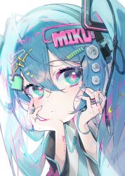 1girl 39 aqua_necktie audio_jack black_jacket black_sleeves blue_eyes blue_hair blue_nails bored cable character_name commentary fast_forward_button grey_shirt hair_ornament hairclip halftone hands_on_own_cheeks hands_on_own_face hatsune_miku head_rest heart highres jacket jewelry long_hair looking_at_viewer necktie paperclip pause_button ring shirt solo sound_wave soyoong_jun twintails vocaloid white_background wire