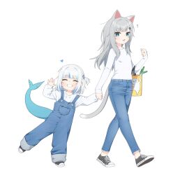 Rule 34 | 2girls, absurdres, animal ears, bag, black shoes, blue eyes, blue nails, blue overalls, blue streaks, blunt bangs, blush, cat ears, cat girl, cat hair ornament, cat tail, clenched teeth, closed eyes, denim, fins, fish tail, gawr gura, grey hair, grocery bag, hair ornament, hairclip, heart, hennyano (nachoneko), highres, holding hands, hololive, hololive english, indie virtual youtuber, jeans, jewelry, long hair, long sleeves, looking at viewer, multicolored hair, multiple girls, nachoneko, notice lines, open mouth, overalls, pants, paw print, ring, shark girl, shark tail, sharp teeth, shirt, shoes, shopping bag, smile, sneakers, spring onion, streaked hair, tail, teeth, ugaaaa1, virtual youtuber, waving, white background, white shirt