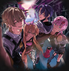 2boys 2girls absurdres bare_shoulders black_hair black_hoodie black_mask black_skirt blonde_hair blush bow brown_hair ear_piercing earrings eyewear_on_head fushimi_gaku green_eyes green_nails grey_shirt grin hair_bow happy_trigger_(nijisanji) highres hood hoodie ienaga_mugi jacket jewelry kenmochi_touya leg_warmers long_hair looking_at_viewer mask mask_pull megaphone mole mole_under_eye mouth_mask multiple_boys multiple_girls nijisanji open_mouth piercing pink_hair shirt shoes short_hair single_thighhigh skirt smile socks standing sumi_(n29250) sunglasses teeth thighhighs tongue tongue_out virtual_youtuber white_socks yellow_eyes yuuhi_riri