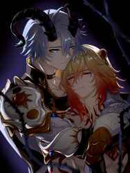 Rule 34 | 2boys, animal ears, antenna hair, armor, black choker, black coat, black horns, black shirt, blonde hair, blue eyes, braid, chest tattoo, chinese commentary, choker, closed eyes, coat, commentary request, facial tattoo, gradient hair, hair between eyes, highres, honkai: star rail, honkai (series), horns, hug, lion boy, lion ears, looking at another, male focus, medium hair, multicolored hair, multiple boys, mydei (honkai: star rail), open clothes, open coat, pauldrons, phainon (honkai: star rail), red hair, red tattoo, sheep boy, sheep horns, shirt, short hair, shoulder armor, side braid, single pauldron, tattoo, thorns, white coat, white hair, yuexili05034