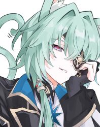 Rule 34 | 1boy, anaxa (honkai: star rail), animal ear fluff, animal ears, black gloves, black jacket, blue eyes, cat boy, cat ears, cat tail, eyepatch, gloves, gold trim, green hair, hair intakes, head rest, highres, honkai: star rail, honkai (series), iota 1600, jacket, looking at viewer, male focus, multicolored eyes, partially fingerless gloves, pink eyes, ponytail, smile, solo, tail, two-tone eyes, upper body