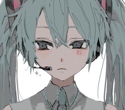 Rule 34 | 1girl, cheek tattoo, closed mouth, collared shirt, expressionless, eyelashes, hair between eyes, hatsune miku, headset, highres, long hair, necktie, number tattoo, shirt, simple background, solo, sparkle, tattoo, twintails, upper body, vocaloid, white background, yadu nadu