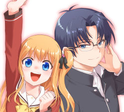 Rule 34 | 1boy, 1girl, arm up, black hair, blonde hair, blue eyes, charlotte (anime), commentary request, gakuran, hoshinoumi academy school uniform, looking at viewer, misaki juri, nishimori yusa, one side up, red shirt, sailor collar, sailor shirt, school uniform, serafuku, shirt, smile, takajou joujirou, upper body, waving, white sailor collar