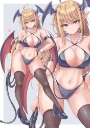 absurdres ahoge black_hair black_pantyhose black_thighhighs blonde_hair border breasts cleavage closed_mouth collarbone curvy dark_skin demon_girl demon_wings green_eyes grey_background hand_on_own_hip head_wings high_heels highleg highres holding holding_whip large_breasts long_hair looking_at_viewer multiple_views navel original pantyhose pointy_ears purple_eyes sidelocks simple_background standing thighhighs thighs tong_shui white_border wings