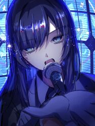 Rule 34 | 1girl, ado (utaite), ado box, black hair, blue eyes, blue hair, chando (ado), colored inner hair, commentary request, gloves, highres, megu (9abgoluanvcjd7o), microphone, mole, mole under eye, multicolored hair, solo, utaite, white gloves