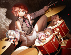 Rule 34 | 5girls, alternate size, artist name, belt, biwa lute, black shirt, blue hair, brown eyes, brown hair, chibi, chinese commentary, collared shirt, commentary request, dated, dress, drum, drumsticks, flower, fox mask, furahata gen, grin, hair flower, hair ornament, hata no kokoro, highres, holding, holding drumsticks, horikawa raiko, instrument, jacket, karakasa obake, long hair, long sleeves, looking at viewer, lute (instrument), mask, mask on head, mini person, minigirl, multiple girls, necktie, one eye closed, open clothes, open jacket, open mouth, paid reward available, pink hair, purple hair, purple necktie, purple umbrella, red eyes, red hair, shirt, sitting, skirt, sleeveless, sleeveless shirt, smile, tatara kogasa, touhou, tsukumo benben, tsukumo yatsuhashi, umbrella, very long hair, white jacket, white skirt, yellow dress