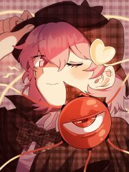 1girl beret blush bow bowtie brown_bow brown_bowtie brown_cape brown_hat cape closed_mouth collared_shirt commentary_request fingernails foul_detective_satori hair_ornament half-closed_eye hand_on_headwear hand_up hat heart heart_hair_ornament highres komeiji_satori lightning_bolt_symbol long_hair looking_at_viewer official_alternate_costume one_eye_closed pink_eyes pink_hair pink_shirt plaid_background plaid_bow plaid_bowtie plaid_cape plaid_clothes plaid_hat purple_background red_eyes shirt short_hair smile solo third_eye touhou turtle-kun upper_body very_long_hair visor_cap