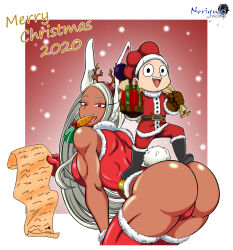 1boy 1girl ass bent_over boku_no_hero_academia breasts food_in_mouth gloves grin hat highres list looking_at_viewer looking_back merry_christmas mineta_minoru mirko netorare purple_hair rabbit_ears rabbit_tail red_eyes santa_costume santa_hat shiny_skin smile white_hair