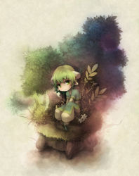 1boy bush flower goddandies grass green_eyes green_hair highres male_focus matching_hair/eyes pointy_ears resi sitting solo summon_night tree white_flower
