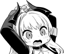 1girl admiral_zenker_(azur_lane) admiral_zenker_(fun_with...interrogations?)_(azur_lane) armband arms_up azur_lane azur_lane:_slow_ahead chibi chibi_only cuffs greyscale handcuffs hori_(hori_no_su) horns long_sleeves monochrome official_art open_mouth shirt simple_background solo white_background