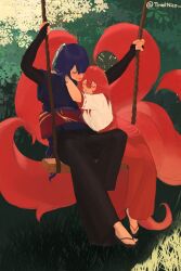 2girls animal_ears arms_around_neck black_bridal_gauntlets blush bridal_gauntlets closed_eyes closed_mouth facing_another genshin_impact highres long_hair multiple_girls multiple_tails obi on_swing pink_hair purple_hair raiden_shogun red_sash sandals sash swing tail tirednico twitter_username yae_miko yuri
