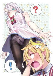 ! 1boy 1girl ? banana_peel bandage_on_hair black_pantyhose blush breasts closed_mouth dress embarrassed fang green_eyes hair_between_eyes highres horns large_breasts looking_at_viewer looking_down oni open_mouth original panties panties_under_pantyhose pantyhose pantyshot pointy_ears purple_panties red_eyes shiiba_hiromi short_hair single_horn skin-covered_horns spoken_exclamation_mark spoken_question_mark surprised underboob underwear white_dress white_hair yellow_eyes