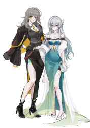 Rule 34 | 2girls, absurdres, alternate costume, aqua dress, aqua hair, bag, bare shoulders, black boots, black gloves, black jacket, black skirt, boots, breasts, cleavage, closed mouth, collared shirt, dress, feather boa, firefly (honkai: star rail), full body, gloves, gradient hair, grey hair, hair ornament, hand on own hip, high heel boots, high heels, highres, holding, holding bag, honkai: star rail, honkai (series), jacket, jacket on shoulders, long hair, long skirt, looking at viewer, meoyo, multicolored hair, multiple girls, necktie, shirt, shoes, simple background, sketch, skirt, smile, standing, stelle (honkai: star rail), thigh strap, trailblazer (honkai: star rail), unfinished, white background, white shoes, yellow eyes, yellow necktie