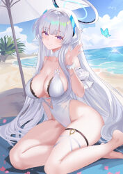 1girl beach beach_mat beach_umbrella blue_archive blue_butterfly blue_sky breasts bug butterfly cleavage closed_mouth cloud cloudy_sky commentary_request day halo headgear highres insect large_breasts looking_at_viewer noa_(blue_archive) ocean one-piece_swimsuit outdoors purple_eyes rorokaede sitting skindentation sky smile solo swimsuit thigh_strap umbrella under_umbrella white_hair white_halo white_one-piece_swimsuit yokozuwari