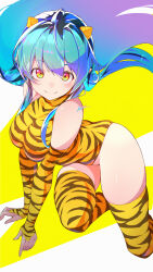 1girl absurdres animal_print artist_name blue_horns closed_mouth cone_horns detached_sleeves highres horns itou_kazuki leotard long_hair looking_at_viewer lum smile solo thighhighs tiger_print urusei_yatsura yellow_eyes yellow_horns yellow_leotard yellow_thighhighs