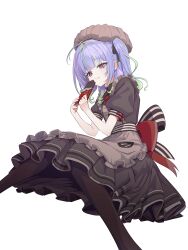 1girl absurdres ahoge alternate_costume apron back_bow black_pantyhose blue_hair bow candy chocolate chocolate_bar closed_mouth dress feet_out_of_frame food frilled_apron frilled_dress frills green_hair grey_apron grey_dress grey_hat hat highres looking_at_viewer medium_hair mob_cap mole mole_under_eye multicolored_hair nanashi_inc. ougimaneki pantyhose pink_eyes puffy_short_sleeves puffy_sleeves red_bow short_sleeves simple_background smile solo suzumi_nemo transparent_background two-tone_hair two_side_up variant_set virtual_youtuber