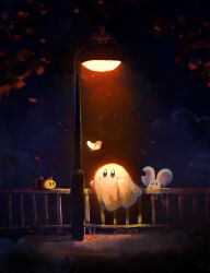 :o absurdres artist_name bird blue_eyes blush blush_stickers bug butterfly clocker closed_mouth cloud commentary_request copy_ability elfilin fence flower ghost ghost_kirby highres insect kirby kirby_(series) lamppost looking_at_viewer morpho_knight_(butterfly) needlous night night_sky nintendo no_humans outdoors red_flower sky suyasuyabi tree twitter_username