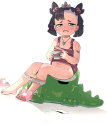1girl absurdres aged_down asymmetrical_bangs bandaid bandaid_on_arm beads black_hair black_nails clothes_lift collarbone commentary crying dress dress_lift earrings frown hair_beads hair_ornament highres holding hottodg jewelry loli looking_at_viewer marnie_(pokemon) nail_polish necklace nintendo open_mouth panties panty_pull pee_stain pokemon pokemon_swsh raised_eyebrows sad sandals short_hair sitting solo tears toenail_polish toenails toes two_side_up underwear white_background