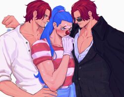 3boys beard black_coat black_vest blue_eyes blue_hair boy_sandwich buggy_the_clown clone clown_nose coat collarbone embarrassed facial_hair gloves male_focus multiple_boys one_piece ponytail red_hair sandwiched shanks_(one_piece) shirt short_hair signature simple_background striped_clothes striped_shirt sunglasses vamos_mk vest white_gloves yaoi